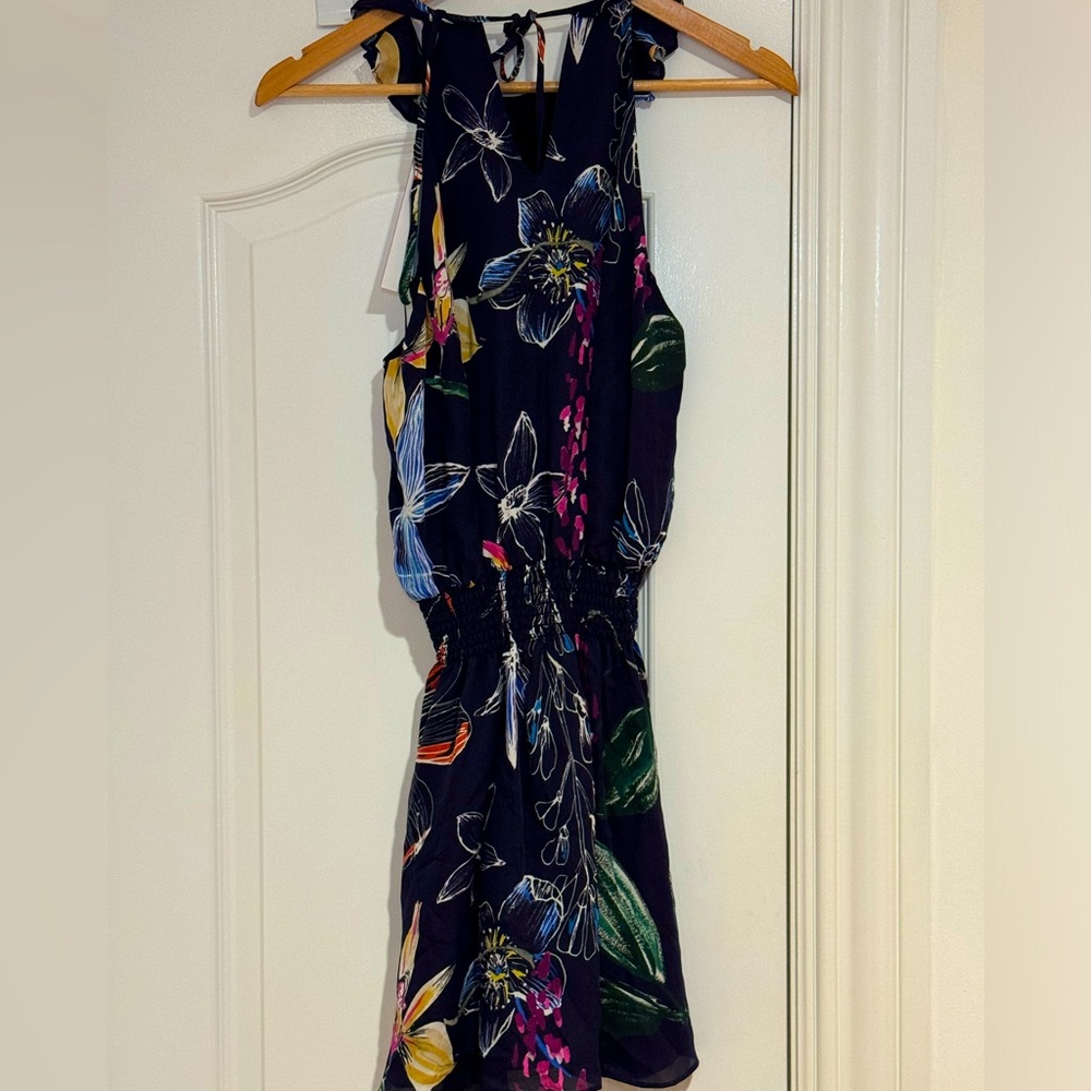 NWT Parker‎ Navy Blue Floral Ruffle Mini Dress Size Small